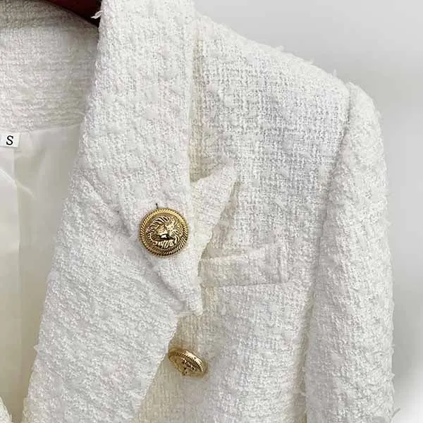 Women's Luxury Double breasts Fitted Tweed Blazer Golden Lion Buttons White