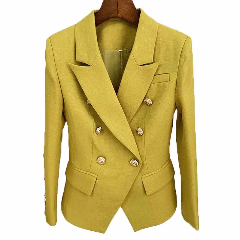 Women's Luxury Fitted Blazer Golden Lion Buttons Coat Olive/ Yellow