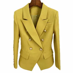 Women's Luxury Fitted Blazer Golden Lion Buttons Coat Olive/ Yellow