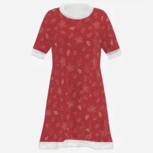 Women's Maroon Red Velvet Winter Mini Dress | Holiday Snowflake Print Party Dress | Fleece-Trimmed Festive Dress