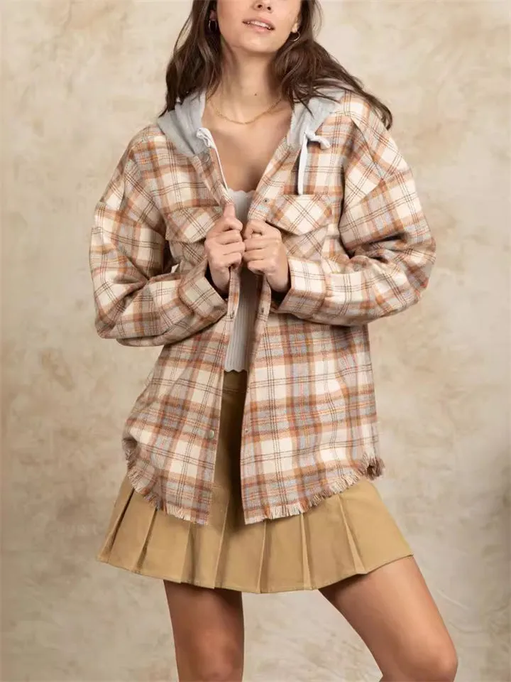 Women's Multicolored Plaid Hooded Coat with Pockets