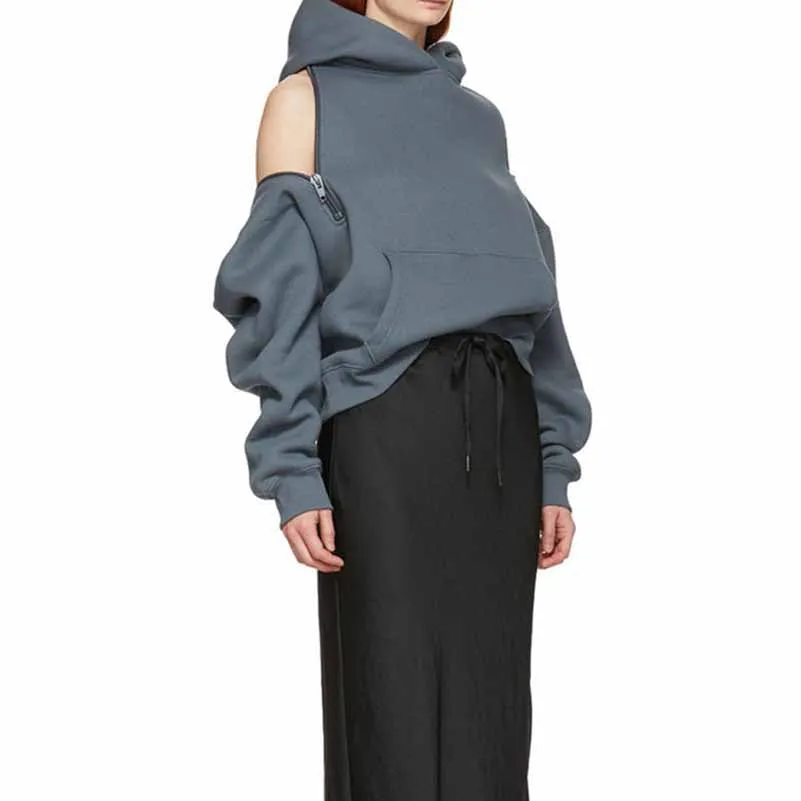 Women's Off Shoulder Hoodie Rib Knitted Cuffs Zipper Hoodie