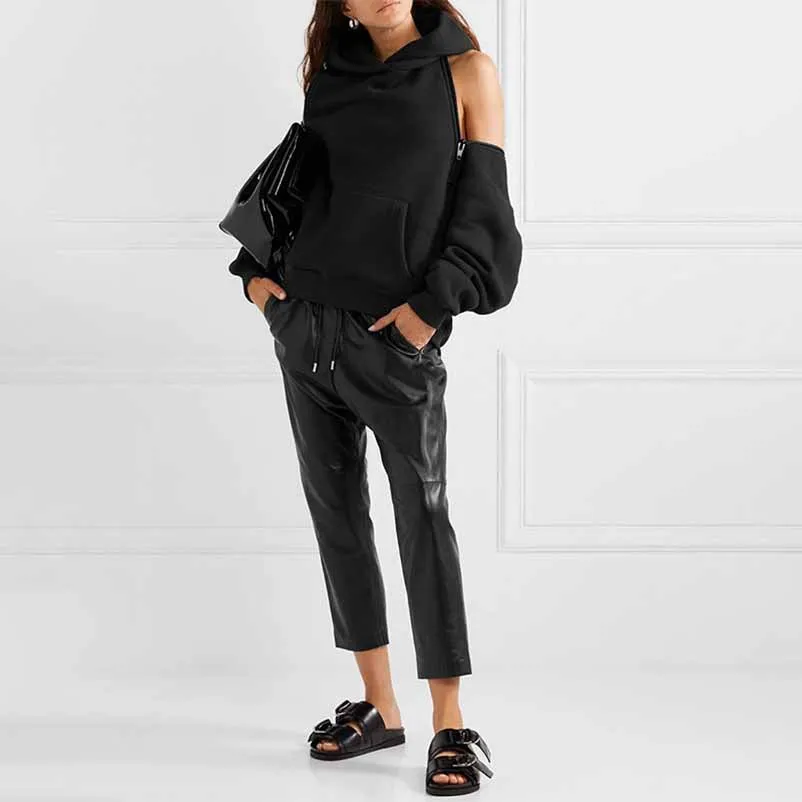 Women's Off Shoulder Hoodie Rib Knitted Cuffs Zipper Hoodie