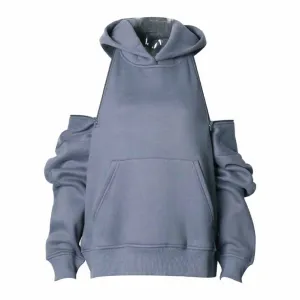 Women's Off Shoulder Hoodie Rib Knitted Cuffs Zipper Hoodie