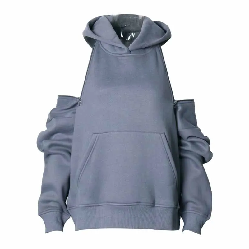 Women's Off Shoulder Hoodie Rib Knitted Cuffs Zipper Hoodie