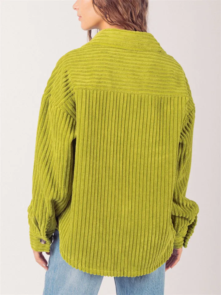 Women's Winter Striped Texture Lapel Chest Pocket Corduroy Coat