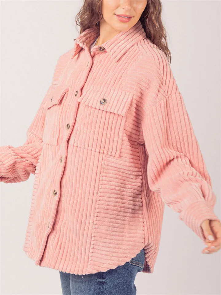 Women's Winter Striped Texture Lapel Chest Pocket Corduroy Coat