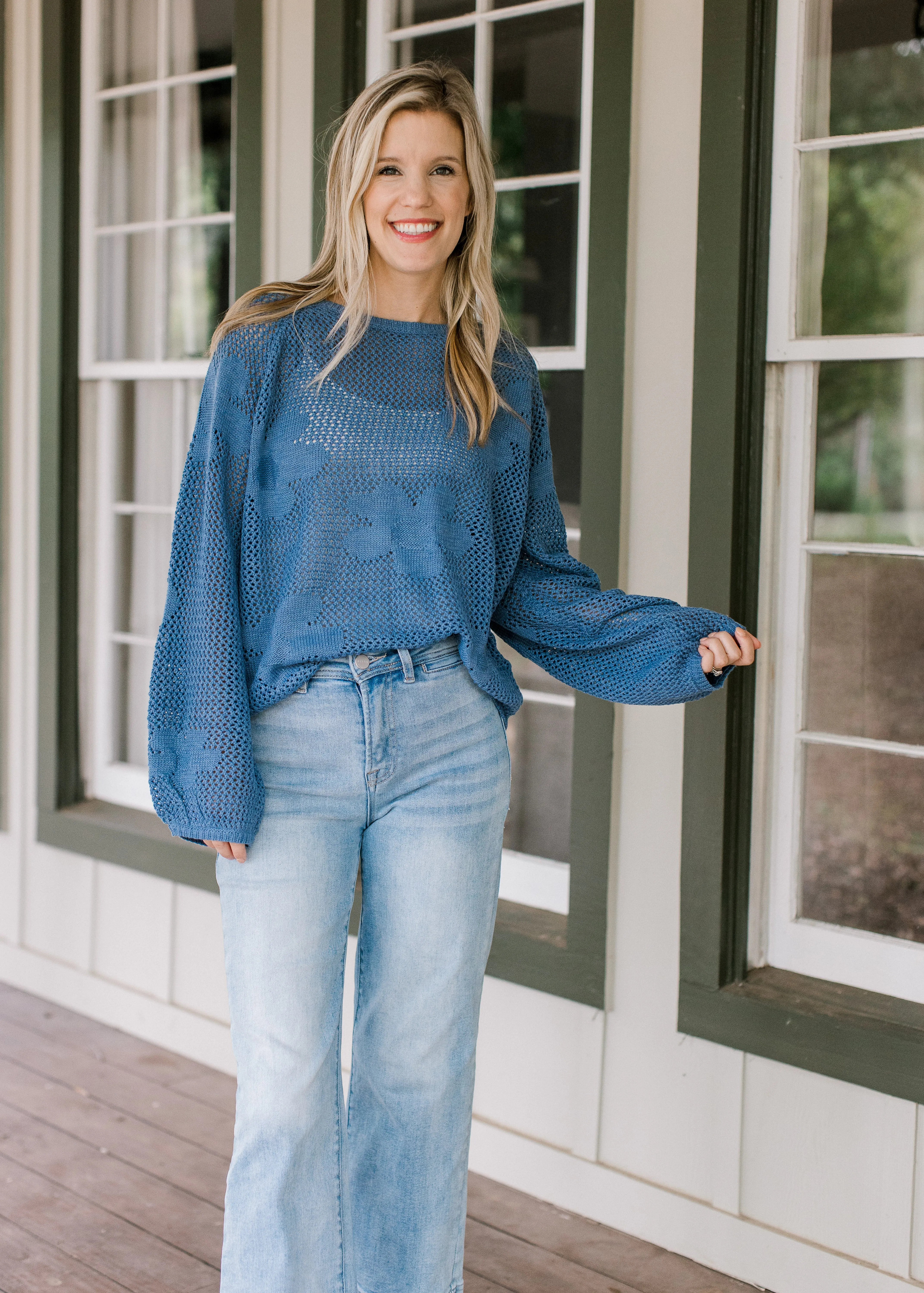 XZ Blue Flower Open Weave Sweater