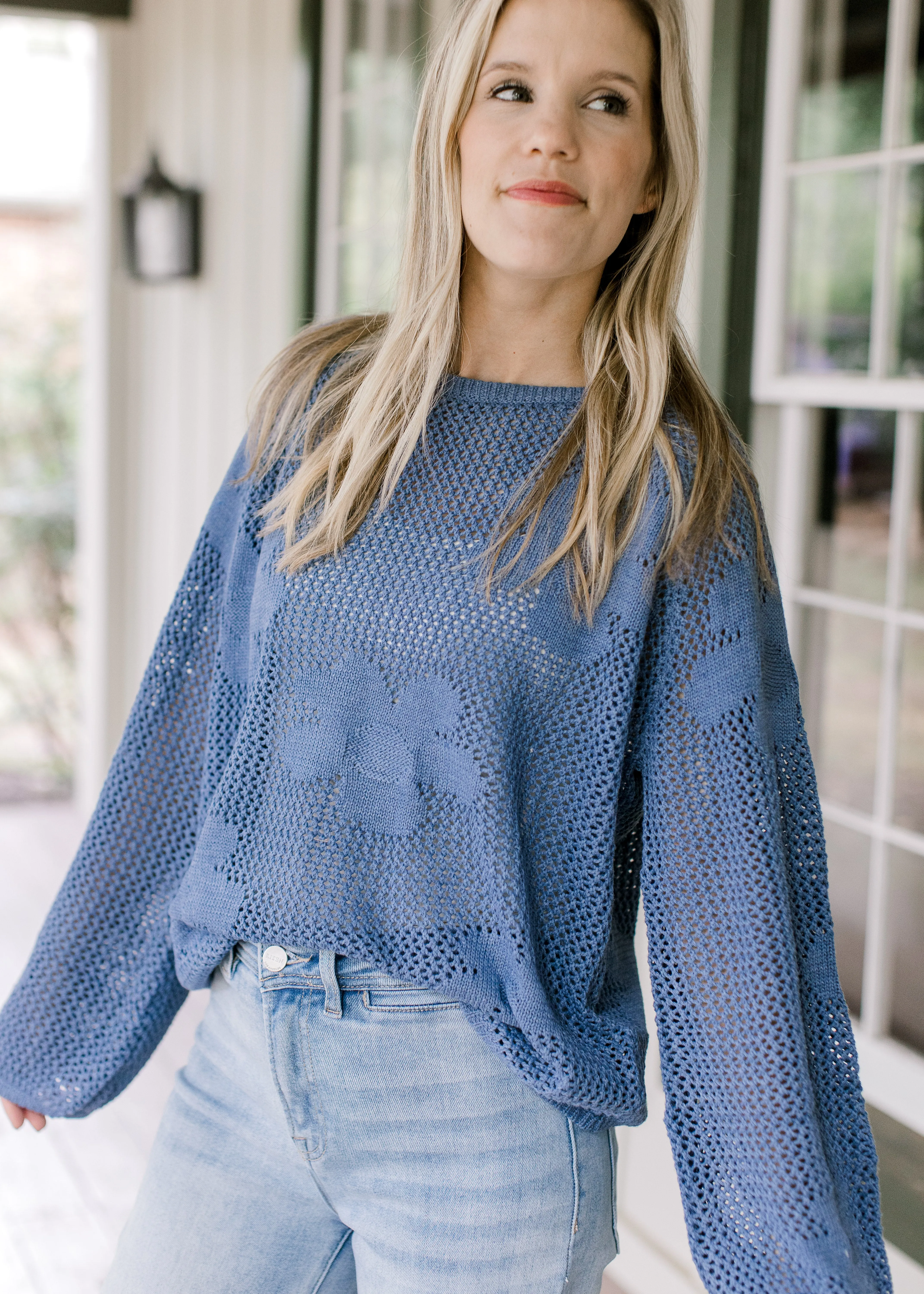 XZ Blue Flower Open Weave Sweater