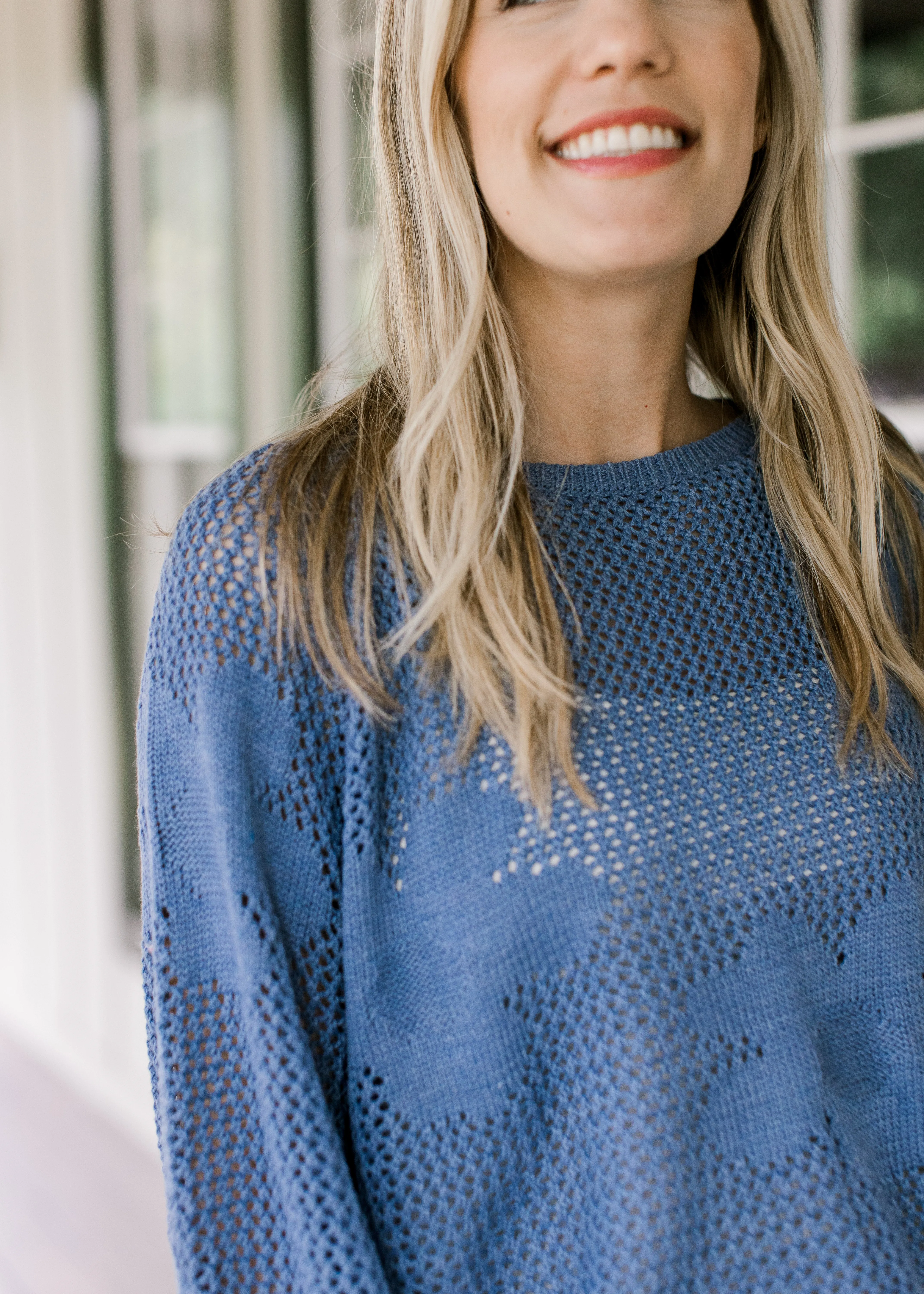 XZ Blue Flower Open Weave Sweater