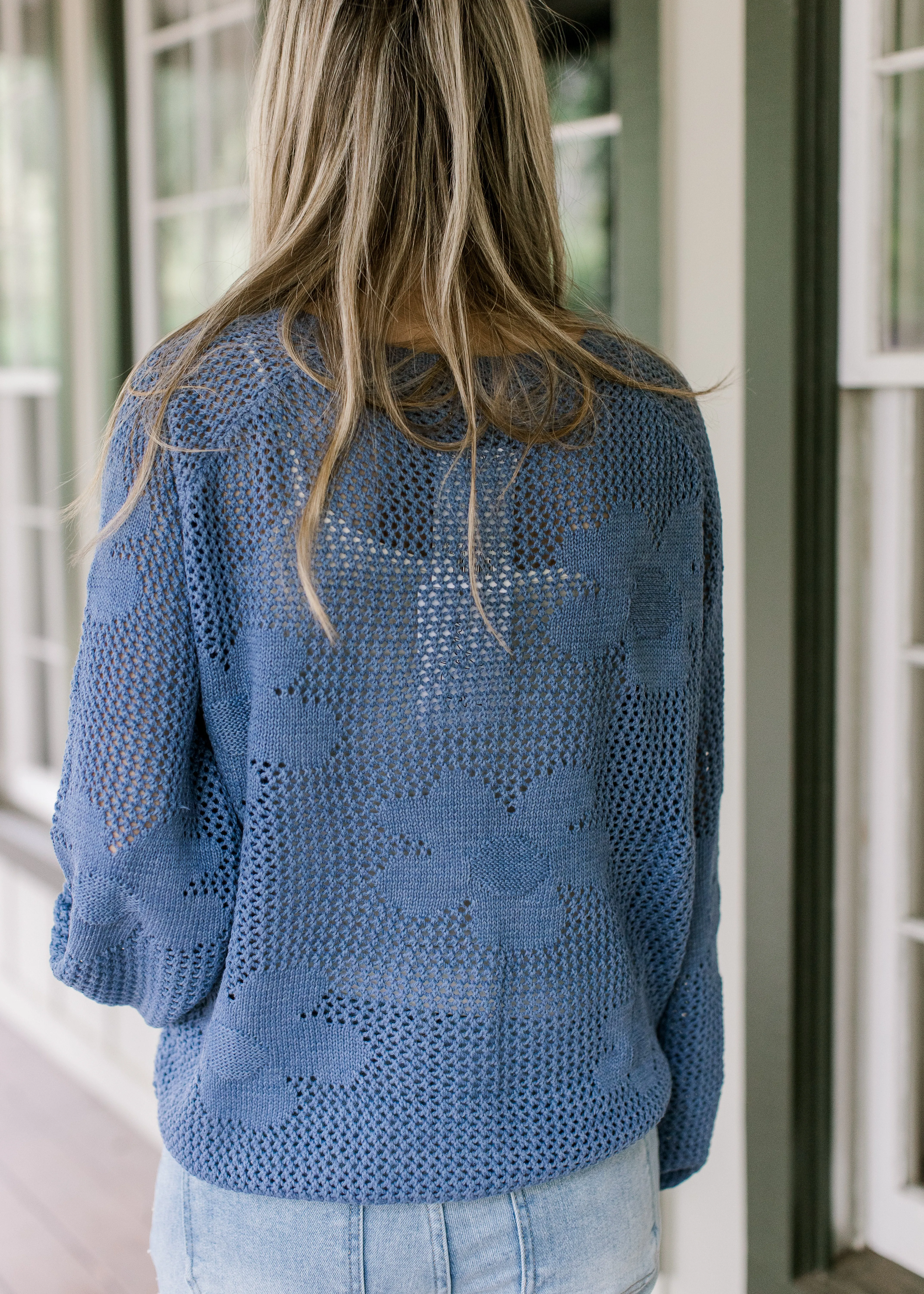 XZ Blue Flower Open Weave Sweater