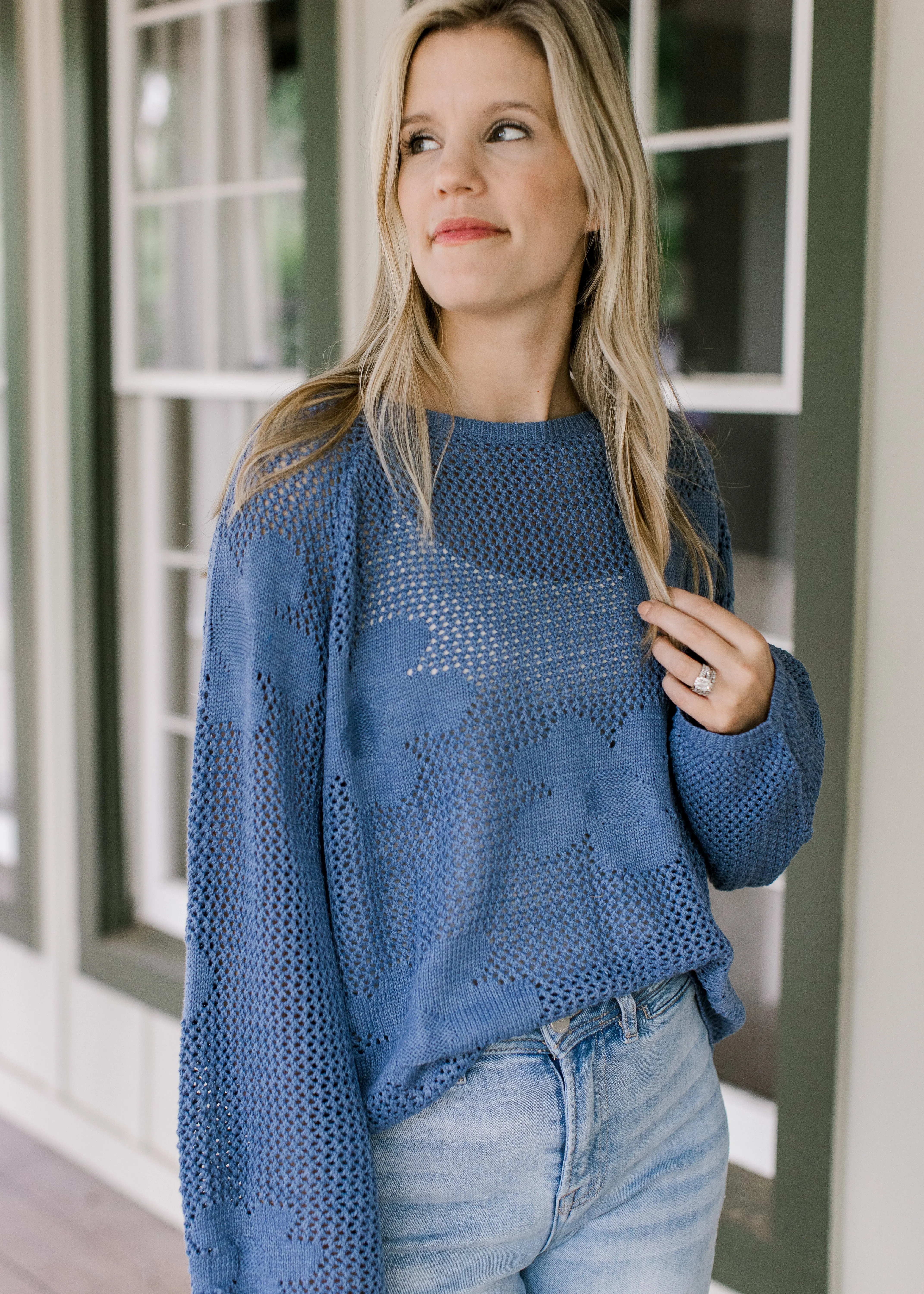XZ Blue Flower Open Weave Sweater